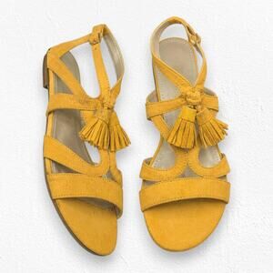 Anne Klein Noreen Golden Yellow Suede Tassel Flat Sandals Boho Chic Size 6